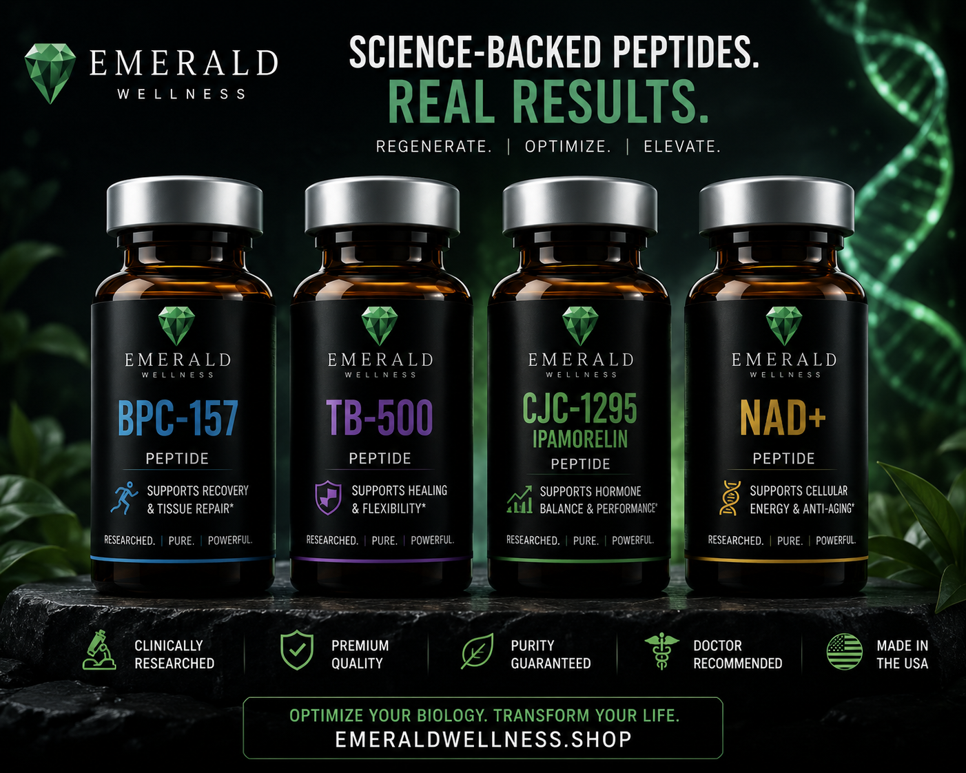 Emerald Wellness peptide wellness bottles and science-backed peptide support