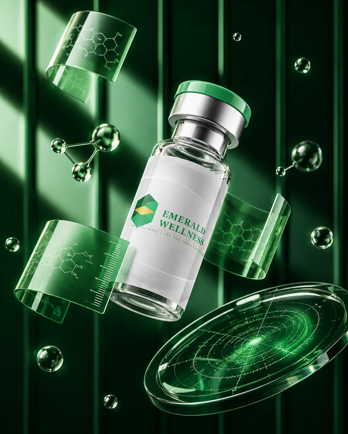 Emerald Wellness premium vial with molecular science graphics